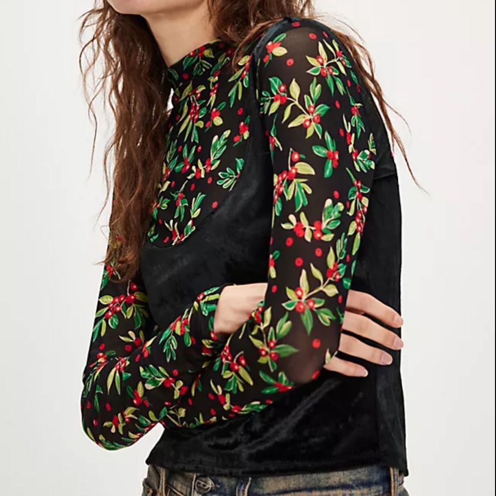 Free People Black Floral Mesh Blouse